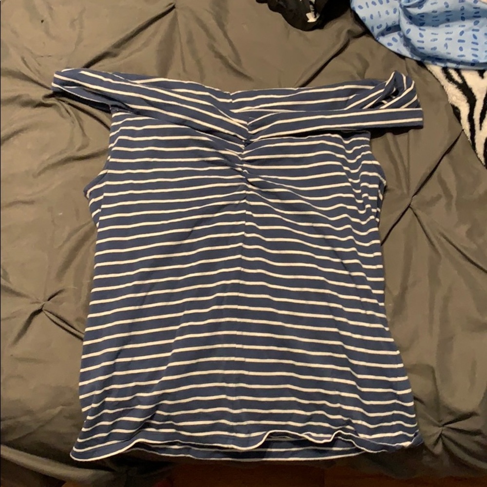 blue and white stripped off the shoulder top